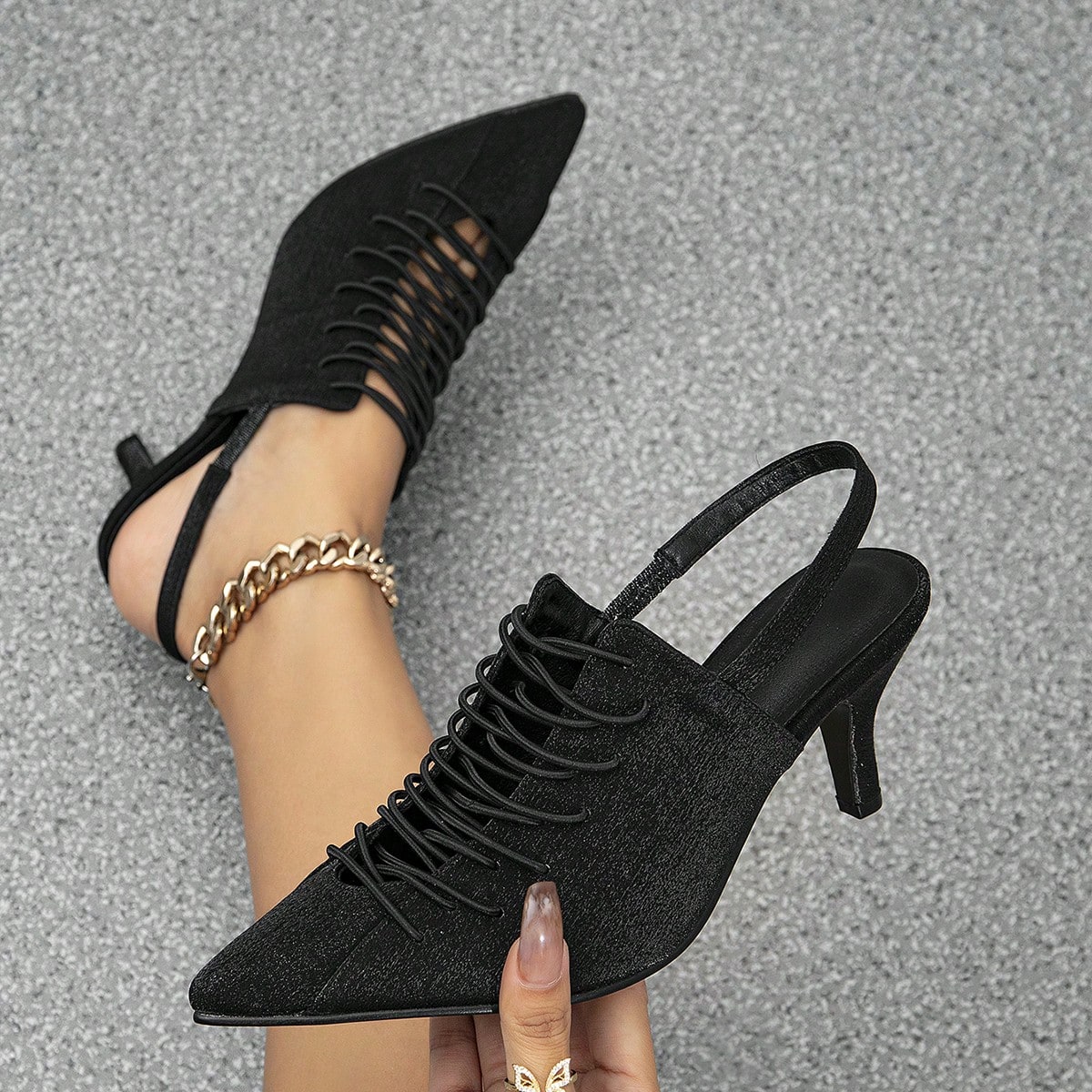 Sandalias de tacón alto con punta puntiaguda y correa para mujer, zapatos de vestir de tacón de aguja con correa calada y tacón de gatito, versáti