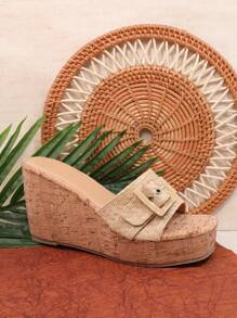 SHUZIA Women'S Beige Wedge Heeled Platform Sandals