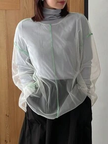 FRIFUL Women's Contrast Trim Sheer Blouse