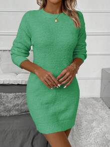 SHEIN Clasi 純色落肩休閒毛衣連身裙 - 綠色 - 查看 3