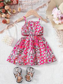 Baby Girl Printed Waist & Hollow Out Detail Spaghetti Strap Dress - Hot Pink - View 1