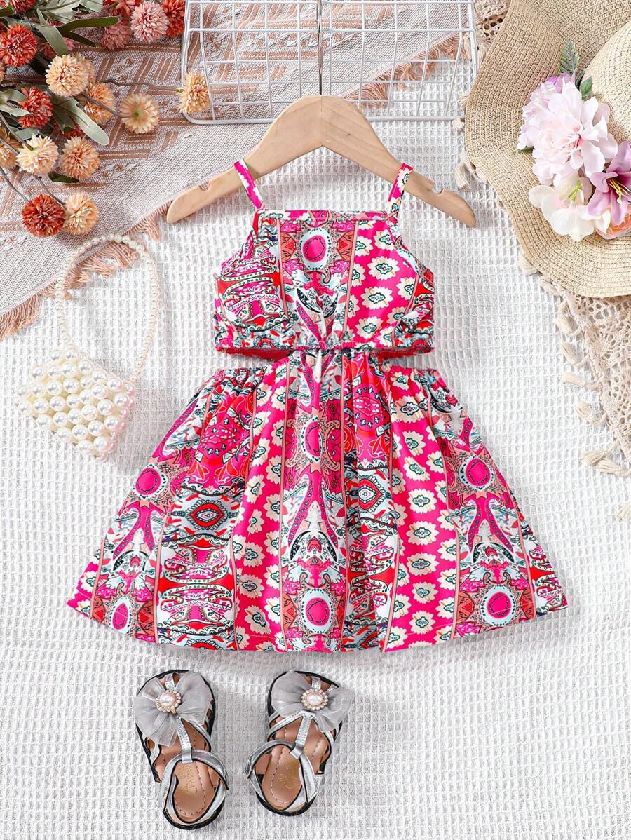 Baby Girl Printed Waist & Hollow Out Detail Spaghetti Strap Dress - Hot Pink - View 1
