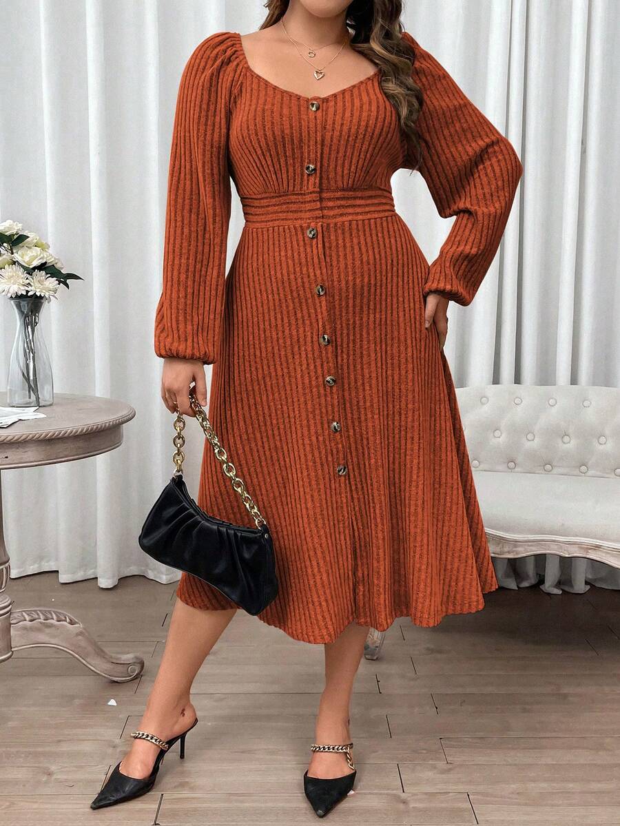 SHEIN Franclia Kích thước lớn Màu thuần Dệt kim gân sọc Đầm - trái cam - Xem 1