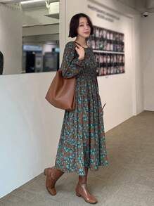 DAZY Của phụ nữ Thực vật In Vòng cổ Đầm - Cà phê - Xem 5