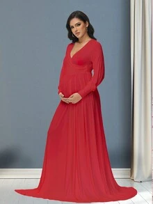 Maternity Gown Lantern Sleeves Baby Shower Dress Side Slit Photoshoot Maxi Dress For Baby Shower - Red - View 6