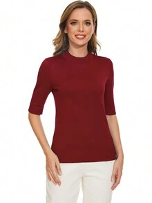 Chất rắn Ngắn tay Áo cao cổ Thon gọn Dệt kim Áo - Màu Đỏ Sâu - Xem 7