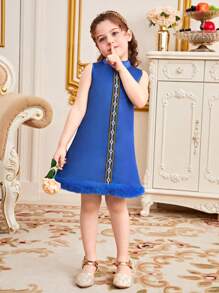SHEIN 小女孩繡花編織帶拼接無袖裙,底邊黏著帶裝飾 - 藍色 - 查看 6