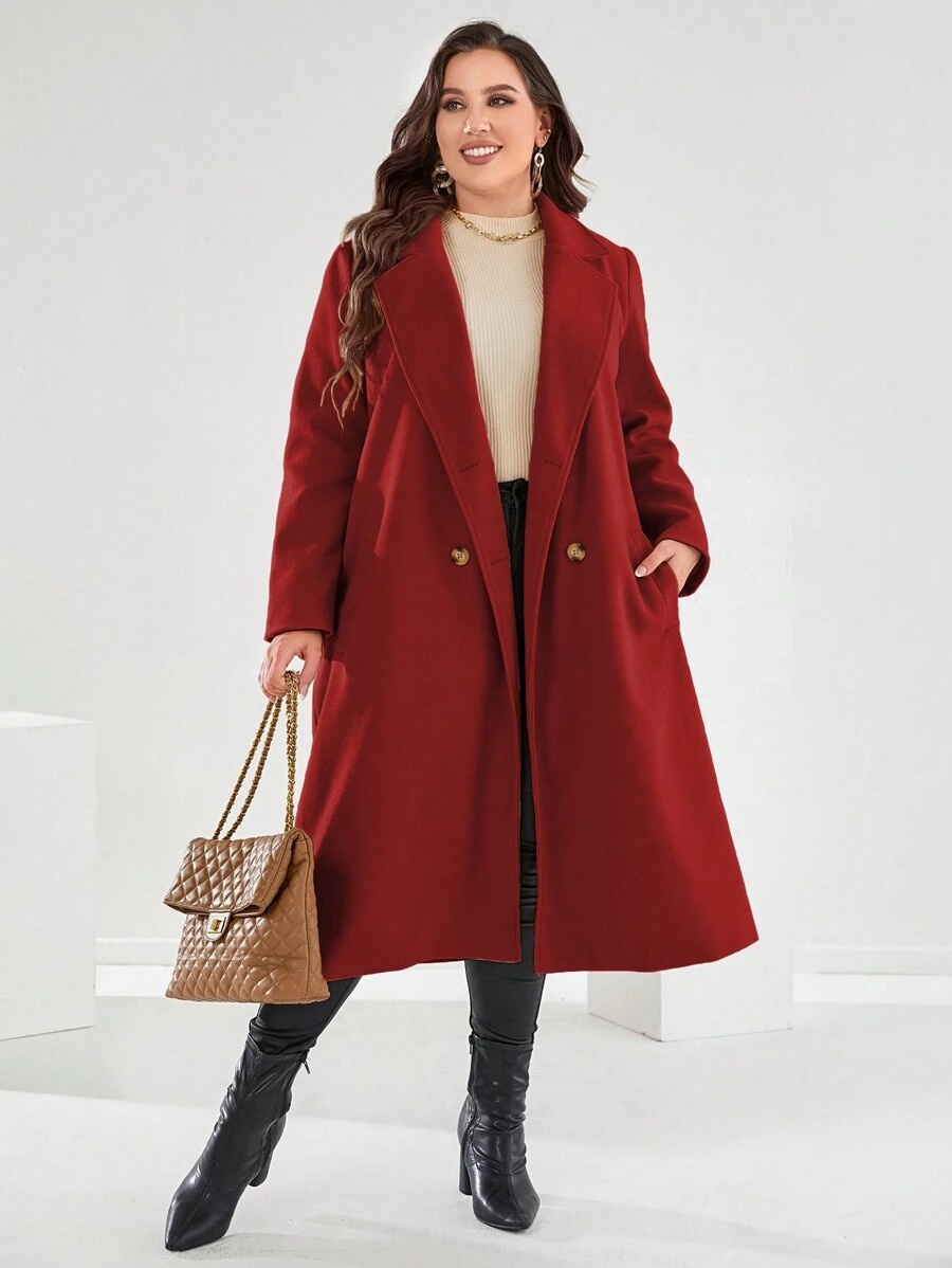 Mulvari Burgundy Red Plus Size Lapel Collar Overcoat With Side Pockets Fall Winter Cloth For Women Autumn - Burgundy - View 1