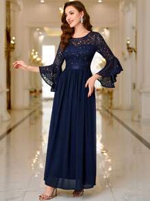 MIUSOL Sequin Floral Lace Flare Sleeve Contrast Chiffon Ruched Hem Formal Party Maxi Dress, Elegant Party, For Wedding Guest, Graduation, Dinner Evening Dress