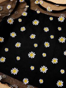 4pcs/Set Tween Girls' Round Neck Flower Pattern Mesh T-Shirt With Inner Camisole Tank Top