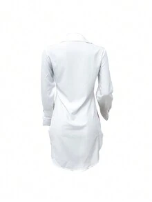 女士时尚休闲性感街头可爱纯色纽扣前短后长开叉下摆常年日常长袖衬衫 - 白色 - 查看 2