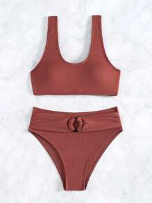SHEIN Swim Ribbed Knit Bikini Swimwear Set With Ring Decoration Wedding Bathing Suit For Summer Beach - Rust Brown - View 3
