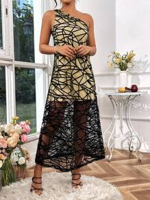 Chiquease Ladies' One Shoulder Geometric Patterned Dress - Apricot - View 6