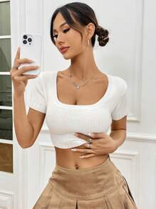 Flirla Top Corto De Punto De Manga Corta De Color Liso Para Mujer