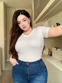 Dazy Plus Áo thun nữ cổ chữ V trơn đơn giản Slim Fit cơ bản - trắng - Xem 8