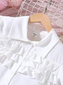 SHEIN Conjunto De Blusa De Multicapa Con Ribete De Volantes Y Falda Decorada Con Lazo Para Niñas Preadolescentes - Rosa - Ver 4