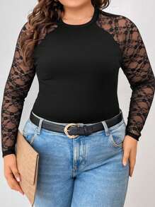 SHEIN Frenchy Plus Size Valentine Lace Patchwork Raglan Sleeve T-Shirt - Black - View 2