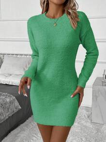 SHEIN Clasi 純色落肩休閒毛衣連身裙 - 綠色 - 查看 6