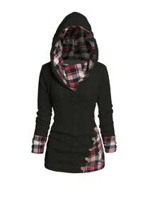 EMERY ROSE Sudadera con capucha de manga larga con parches a cuadros para mujer, Top de manga larga