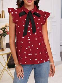 SHEIN Clasi 女色塊領結細部心形印花襯衫 - 紅色 - 查看 5