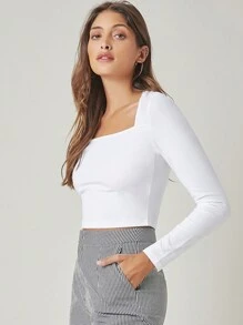 SHEIN BASICS Camiseta Sólida De Cuello Cuadrado De Manga Larga Y Corte Ajustado - Blanco - Ver 3