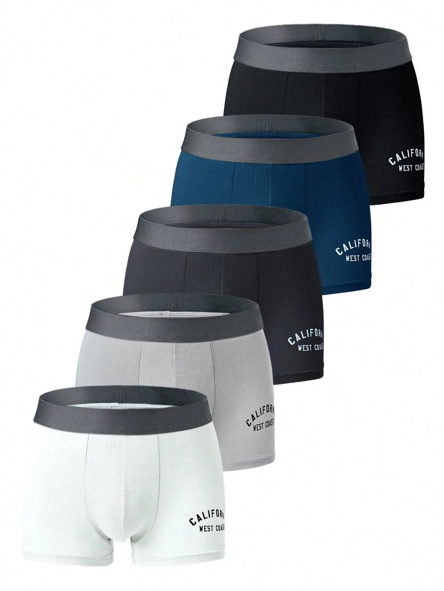 5 Piezas Slip Bóxer Transpirable Con Impresión De Letra Para Hombres, Adecuado Para Todas Las Estaciones - Multicolor - Ver 1