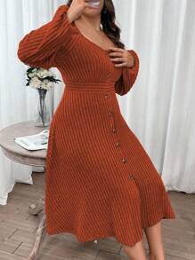SHEIN Franclia Kích thước lớn Màu thuần Dệt kim gân sọc Đầm - trái cam - Xem 4