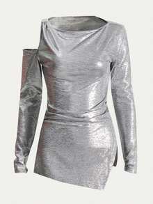 Skew Shoulder Twisted Asymmetrical Split Tops - Silver - View 6