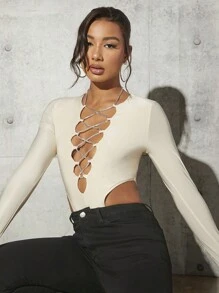 SHEIN BAE Women's Rhinestone Cross Detail Deep V-Neck Long Sleeve Bodysuit - Apricot - View 4
