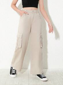 Tween Girls復古休閒時尚工裝直筒牛仔褲 - 卡其色 - 查看 5