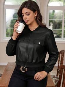 Flirla Plus Size Flip Detail Pu Leather Jacket - Black - View 6