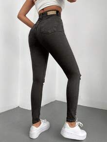 Cottnline Women'S Slim Fit Distressed Jeans - Dark Grey - View 2