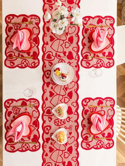 SHEIN Basic living 1pc Valentine's Day Decorations Table Runner Lace Heart Table Runner For Wedding Party Anniversary Valentine's Day Sweetest Day Dinner Supplies And Daily Use Home Decor