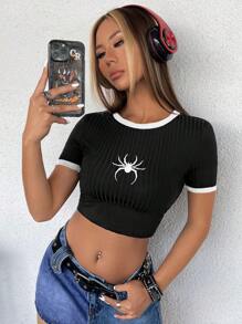 SHEIN ICON 女蜘蛛印花短袖短版黑色 T 卹 - 黑色 - 查看 6