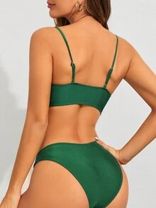 女款純色扭紋比基尼套裝搭配泳裙 - 墨綠色 - 查看 2