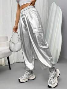SHEIN Unity Metallic Casual Cargo Pants - Silver - View 1