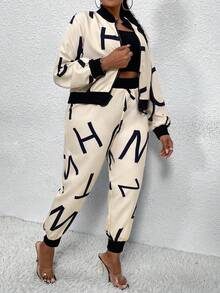 Maweii 大尺碼字母印花拉鍊夾克和長褲套裝 - 米色 - 查看 3