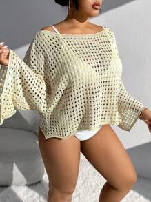 SHEIN Swim Curve 夏季大码女士圆孔镂空罩衫音乐节 - 杏色 - 查看 3