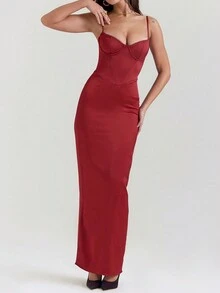 Ladies' Solid Color Cami Bridesmaid Dress - Red - View 3