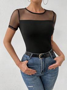 SHEIN Essnce Áo thun lưới tương phản tay ngắn cho nữ - màu đen - Xem 5