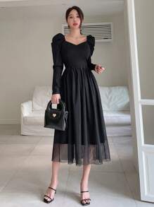 DAZY Women's Solid Color Leg-Of-Mutton Sleeve Dress With Sweetheart Neckline,Fall Dress