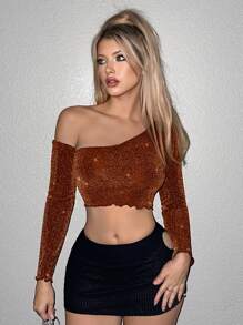 SHEIN ICON 女性不對稱領口短身閃亮上衣 - 橘色 - 查看 1