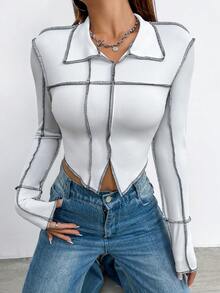 SHEIN Unity 針織t恤,外縫線和收攏條紋造型 - 白色 - 查看 5