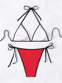 SHEIN Swim 夏季性感女士吊带露背比基尼套装 - 紅色 - 查看 2