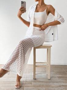 SHEIN VCAY Women'S Elegant Lace Two Piece Set - White - View 4