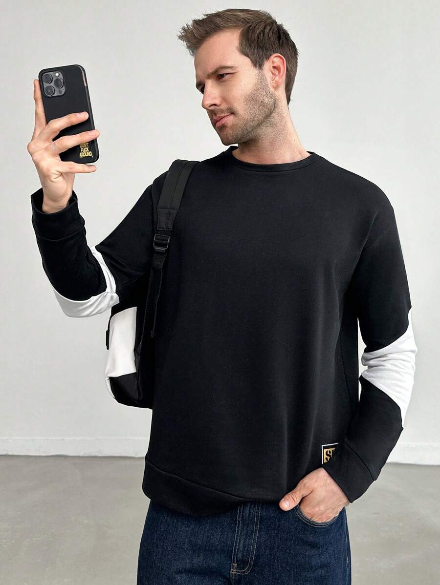 RueChic Men's Color Block Casual Daily Long Sleeve Pullover Sweatshirt - Black - View 1