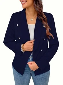 Celure Talla grande Blazer unicolor de doble botonadura - Azul Marino - Ver 3
