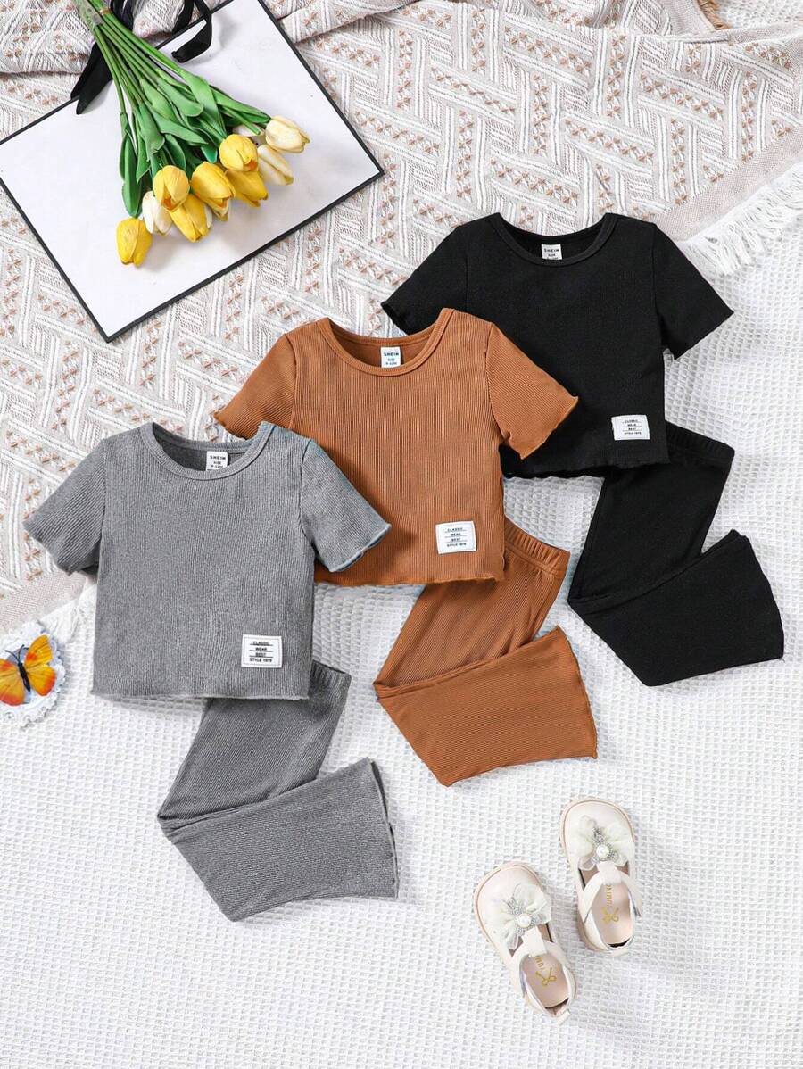 3pcs/Set Baby Girls' Letter Patched Tee And Shorts Outfit - Multicolor - View 1