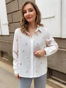 SHEIN Frenchy 女性花卉印花長袖襯衫 - 白色 - 查看 2