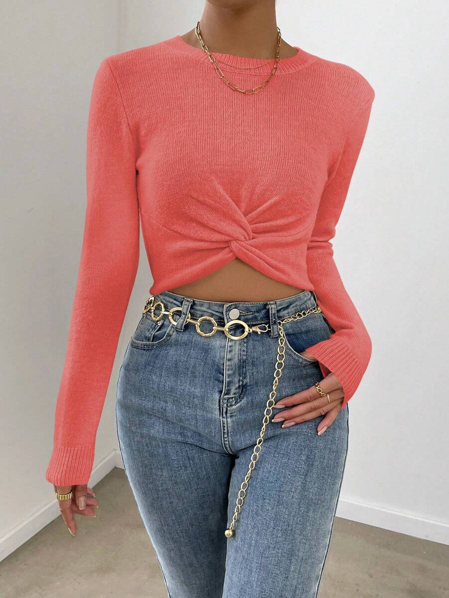 SHEIN Privé 扭紋細節短版套頭毛衣 - 玫瑰紅 - 查看 1